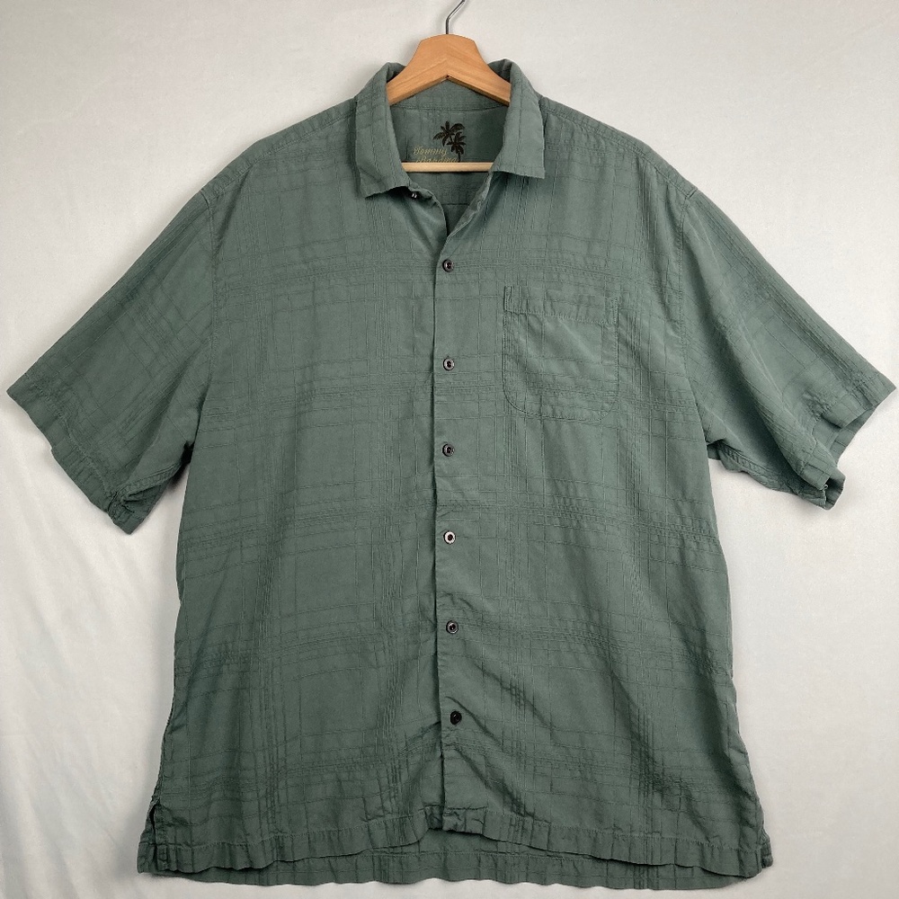 Tommy Bahama Shirt Mens XL 100% Silk Green Geometric Short Sleeve Pocket